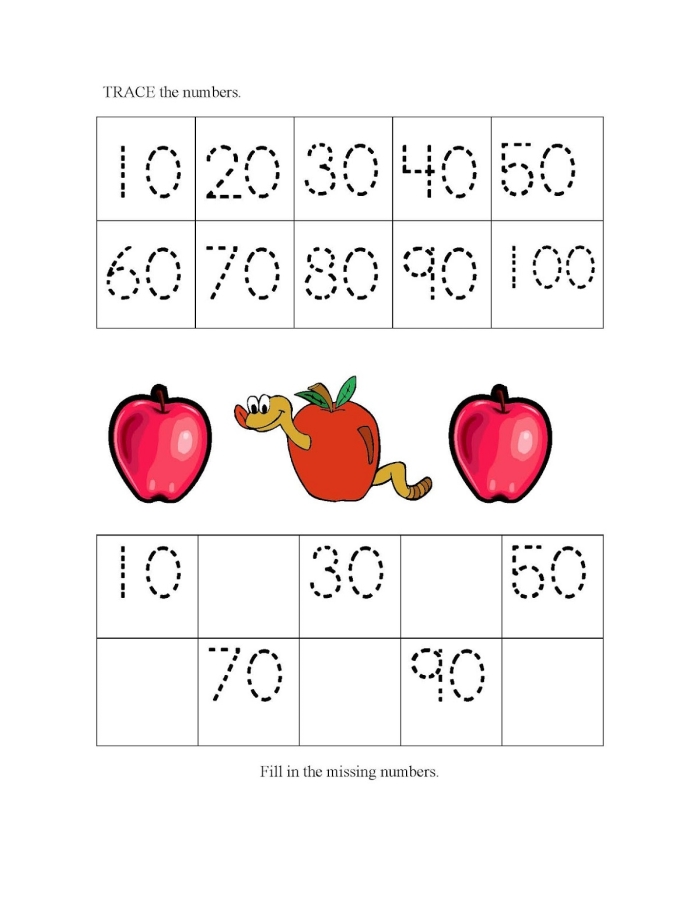 Worksheet for skip counting by tens with colorful visuals for kindergarten students