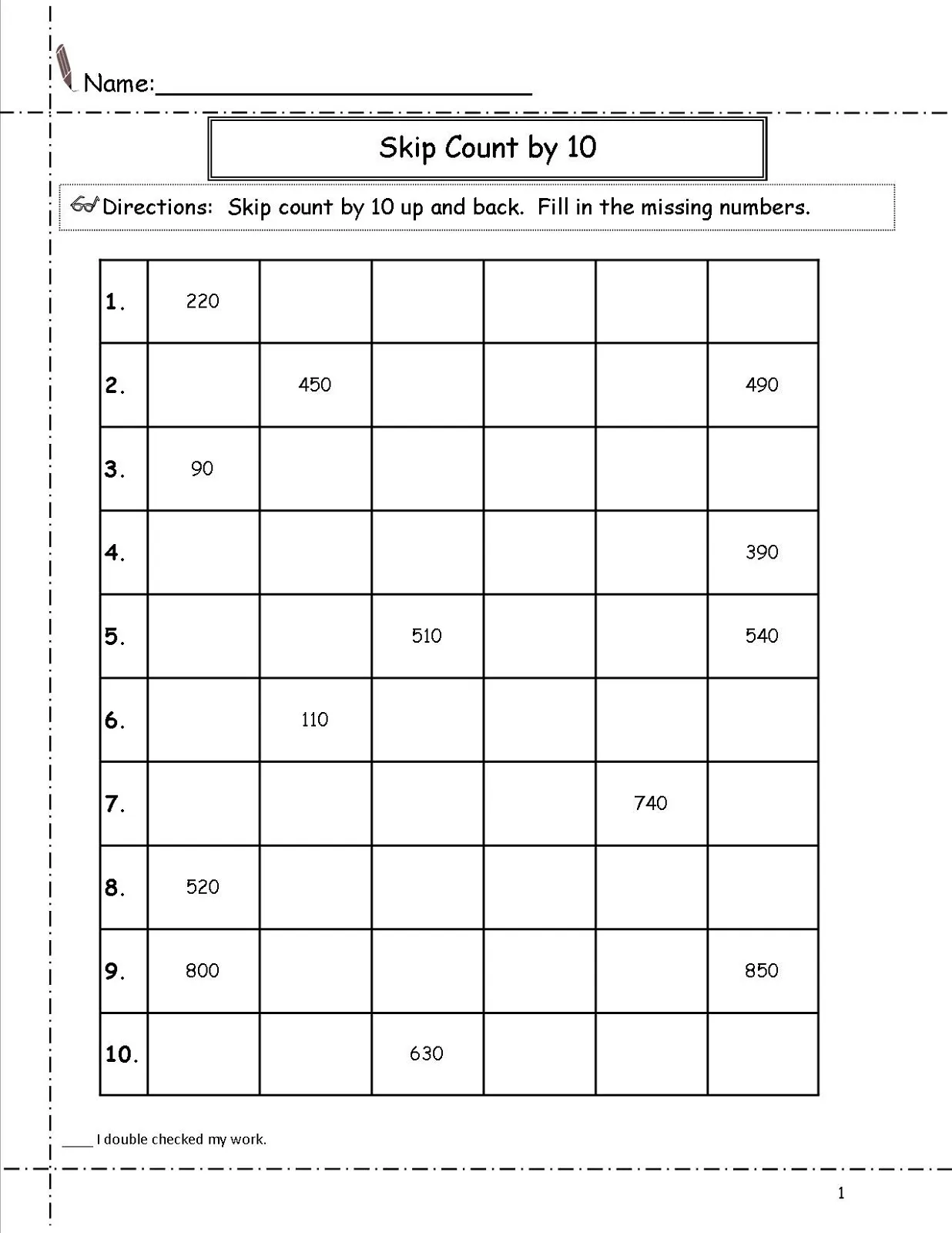 Kindergarten worksheet showing piles of objects to practice skip counting by tens in a life science theme
