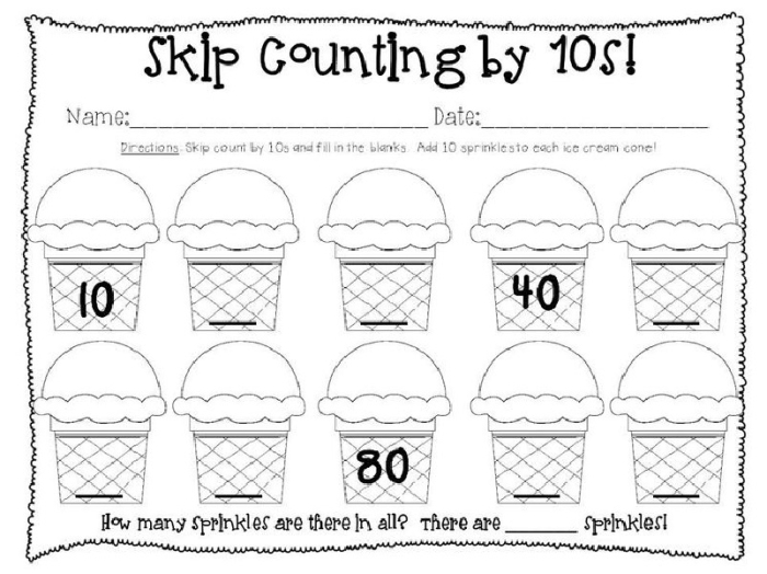 Kindergarten student counting groups of ten objects in a life science themed skip counting worksheet