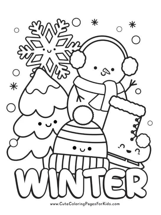 A cheerful boy constructs a snowman in a snowy landscape for the Color the Snowman worksheet. Winter-themed educational activity for kindergarten students featuring a snowman.