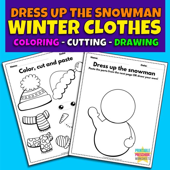 A young boy joyfully constructing a cheerful snowman in a winter landscape. Color the Snowman worksheet for kindergarten students.