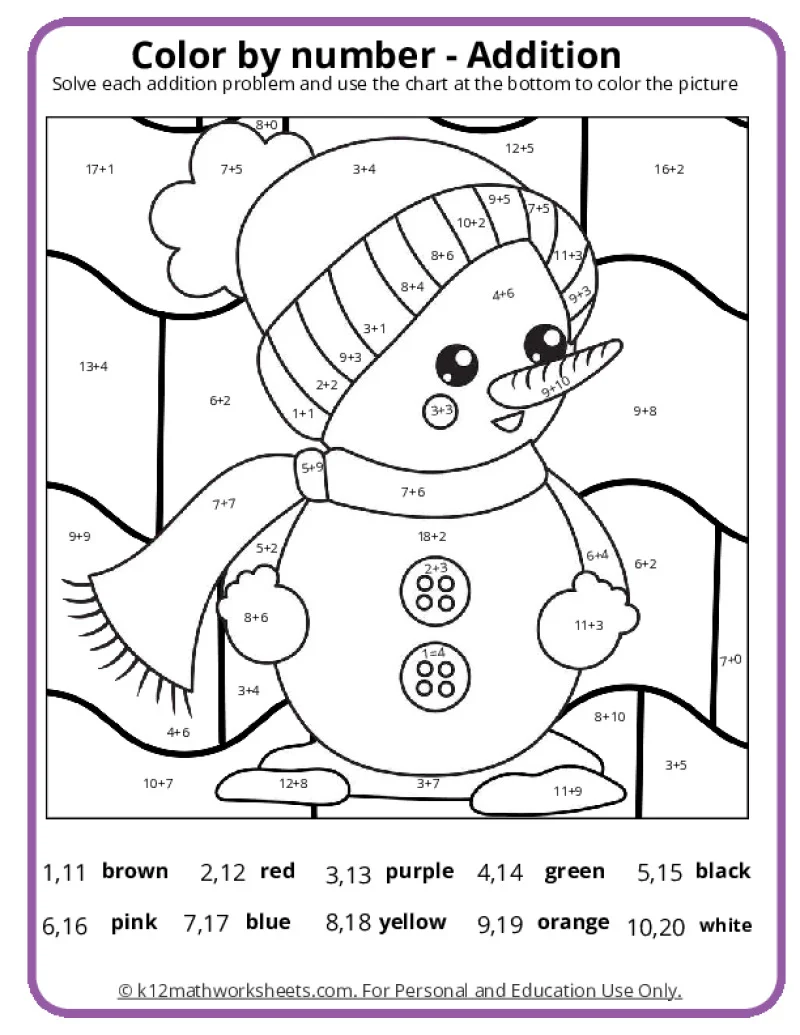 A young boy joyfully constructs a cheerful snowman in a winter landscape. Color the Snowman worksheet for kindergarten students.