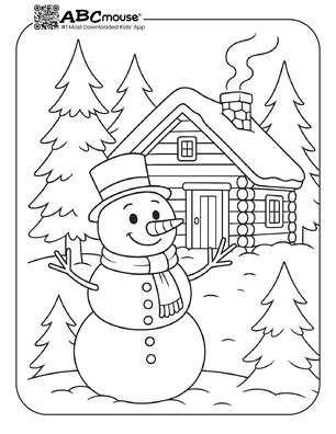 A cheerful boy constructs a snowman in a winter wonderland scene. Color the Snowman worksheet for kindergarten students.