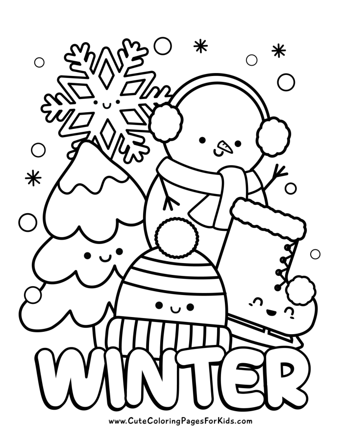 A joyful winter scene with a young boy constructing a cheerful snowman. Color the Snowman worksheet for kindergarten students.