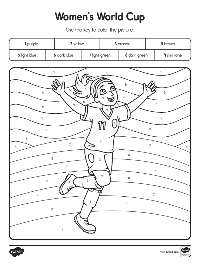 Kindergarten student coloring a soccer ball using a World Cup color-by-number worksheet