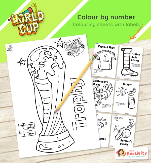 Kindergarten student coloring a soccer themed World Cup color-by-number worksheet