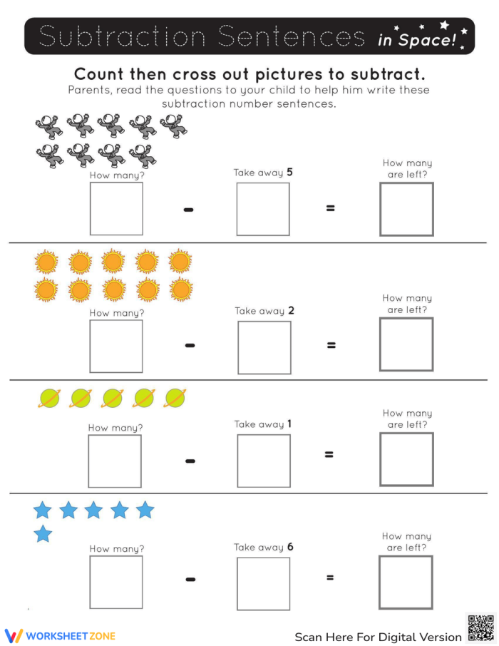 Subtracting in Space Worksheet 18 for Kindergarten Math Kindergarten student working on a subtracting in space worksheet with stars and rockets