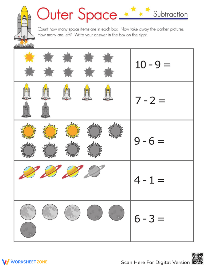 Subtracting in Space Worksheet 20 Kindergarten Math Practice Kindergarten student solving space-themed subtraction problems featuring stars and rockets