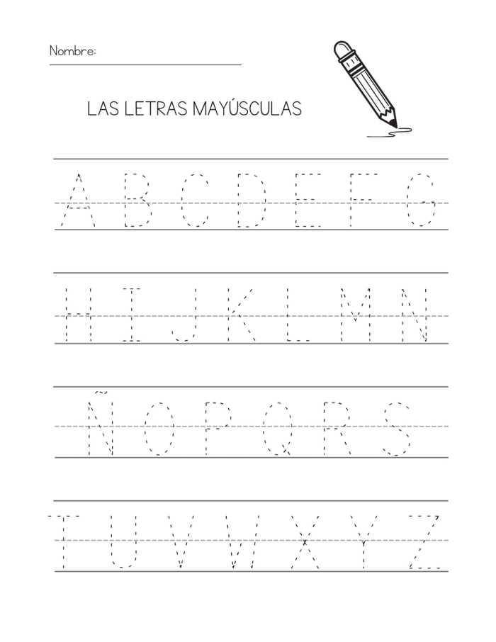 Kindergarten student practicing letters on a colorful Spanish alphabet worksheet