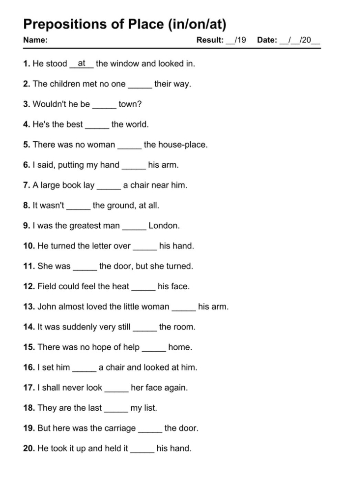 Preposition exercises worksheet for kindergarten students during art time