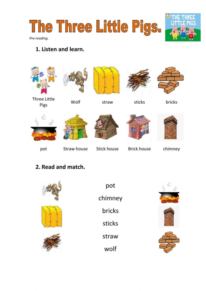 Kindergarten spelling worksheet featuring The Three Little Pigs story and finger puppets for lesson five