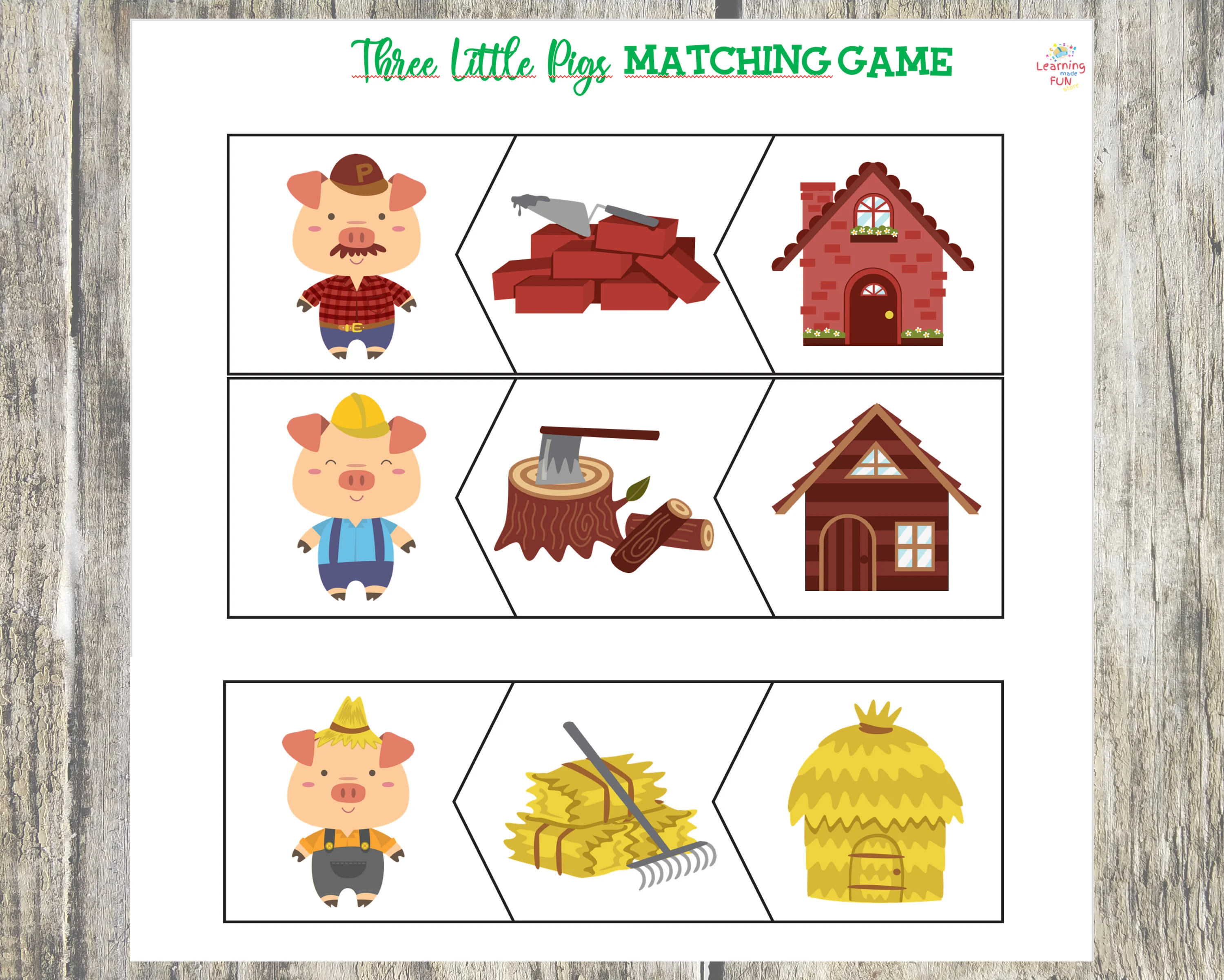 Kindergarten spelling worksheet featuring The Three Little Pigs story and cut-out finger puppets