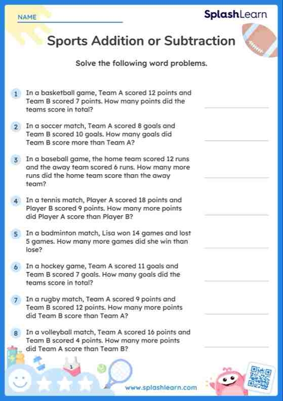 Colorful Sports Math worksheet designed for kindergarteners to practice addition from 0 to 10