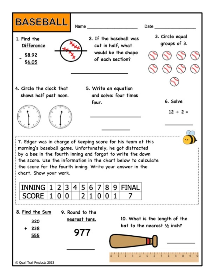Kindergarten Sports Math worksheet for practicing addition from 0 to 10