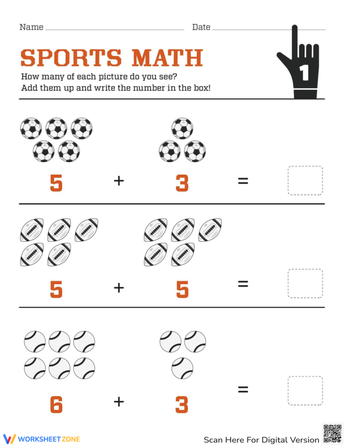 Kindergarten Sports Math worksheet featuring addition exercises with numbers 0 to 10