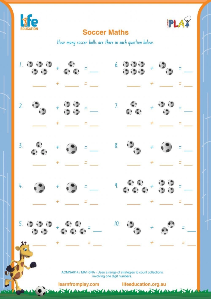 Colorful Sports Math worksheet for kindergarteners focusing on addition of numbers 0 to 10