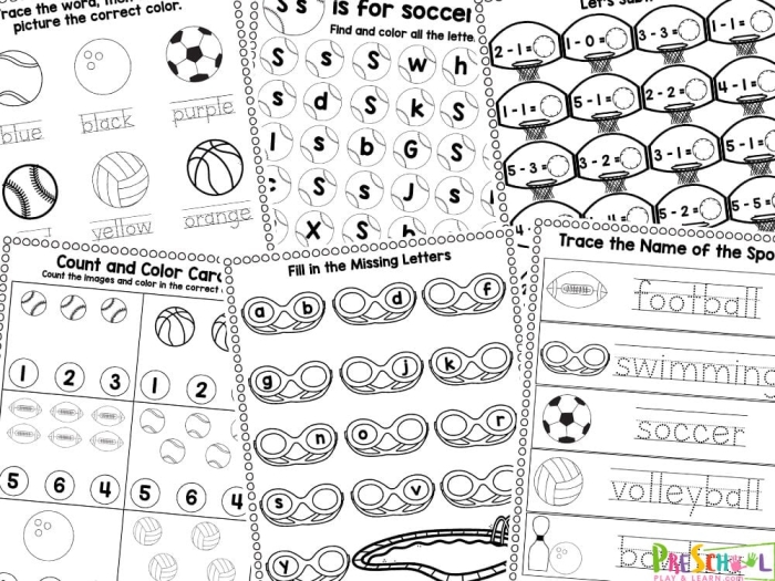 Sports Math worksheet for Kindergarten focusing on addition of numbers 0 to 10. Engaging worksheet to help young learners practice their math skills.