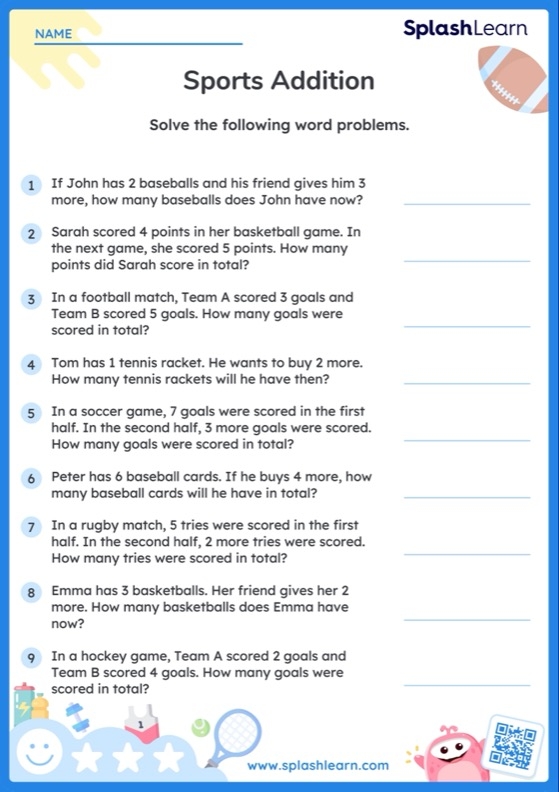 Sports Math worksheet for kindergarten focusing on addition from 0 to 10