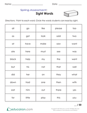 Worksheet featuring kindergarten sight words for spring assessment
