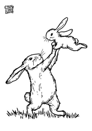 Cute spring bunny in a basket coloring page for kindergarten reading activities