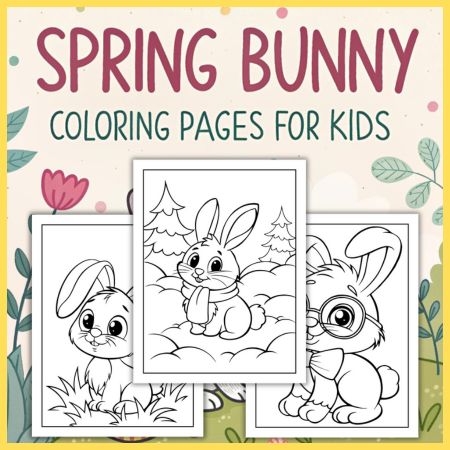 A cute bunny sitting in a wicker basket surrounded by spring flowers and grass for kindergarten students to color