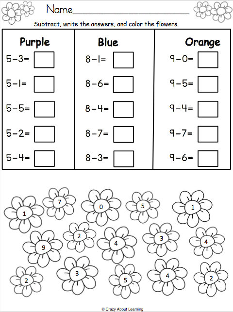 Kindergarten worksheet featuring a friendly bee buzzing around a cluster of sunny spring flowers for coloring