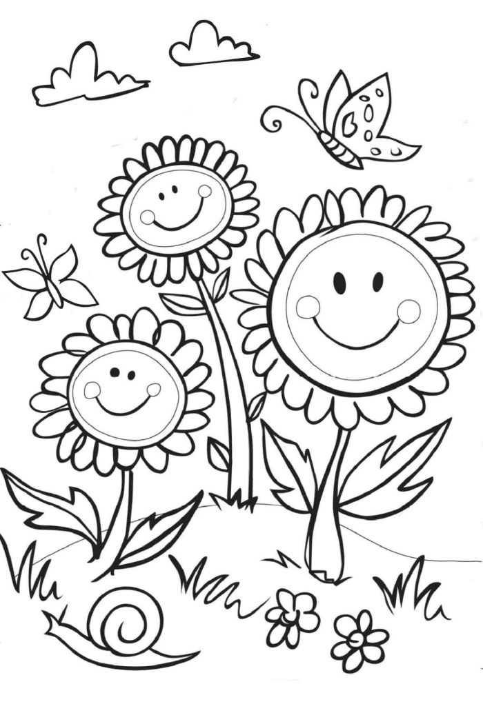 A cheerful bee discovers vibrant spring flowers on this coloring worksheet