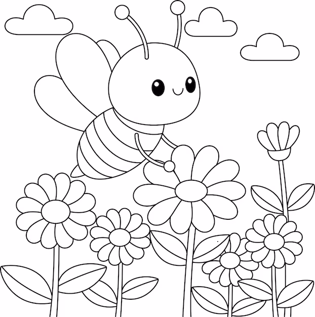 Coloring page featuring a cheerful bee discovering vibrant spring flowers under the sun