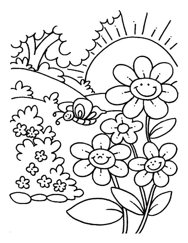 A cheerful bee discovers vibrant spring flowers in this coloring worksheet for kids