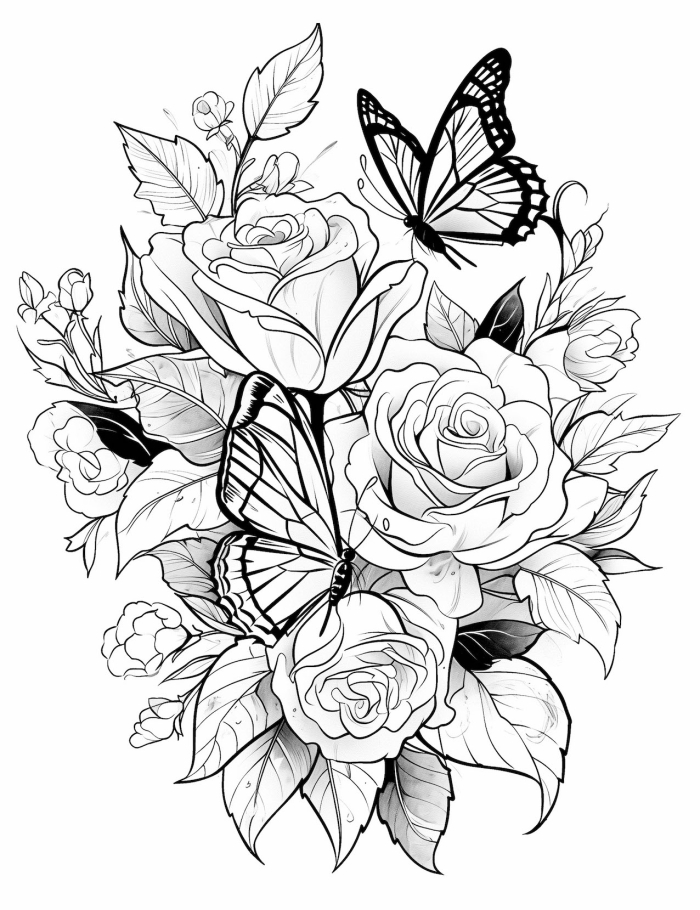 Spring Roses Coloring Page Worksheet for Kindergarten - Image 15 Coloring page featuring vibrant spring roses and two playful ladybugs for kindergarten students