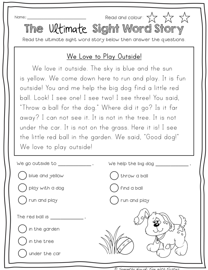Kindergarten student looking at a Spring Assessment Sight Words worksheet with 50 common words to practice