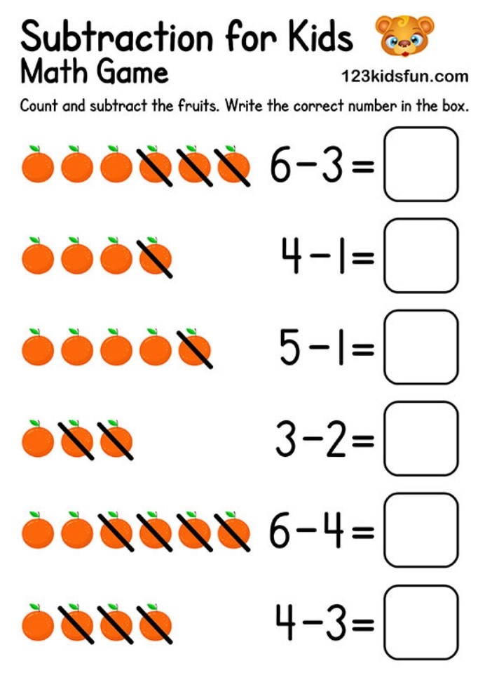 Kindergarten student working on a Spring Into It subtraction practice worksheet featuring counting exercises