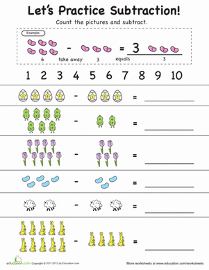 Kindergarten worksheet featuring spring-themed subtraction problems with pictures and counting for number theory practice 15