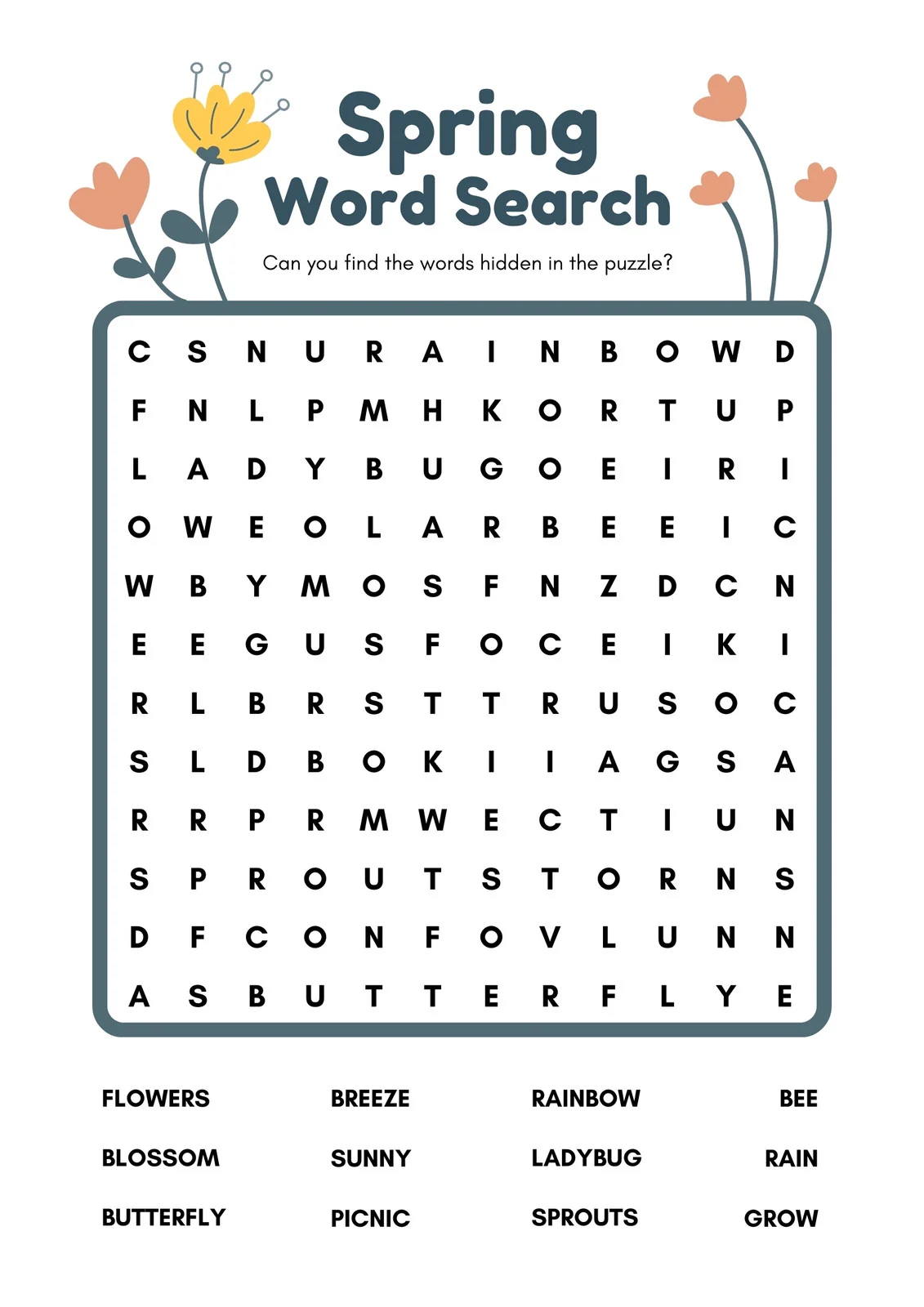 Spring-themed word search worksheet for kindergarten vocabulary practice