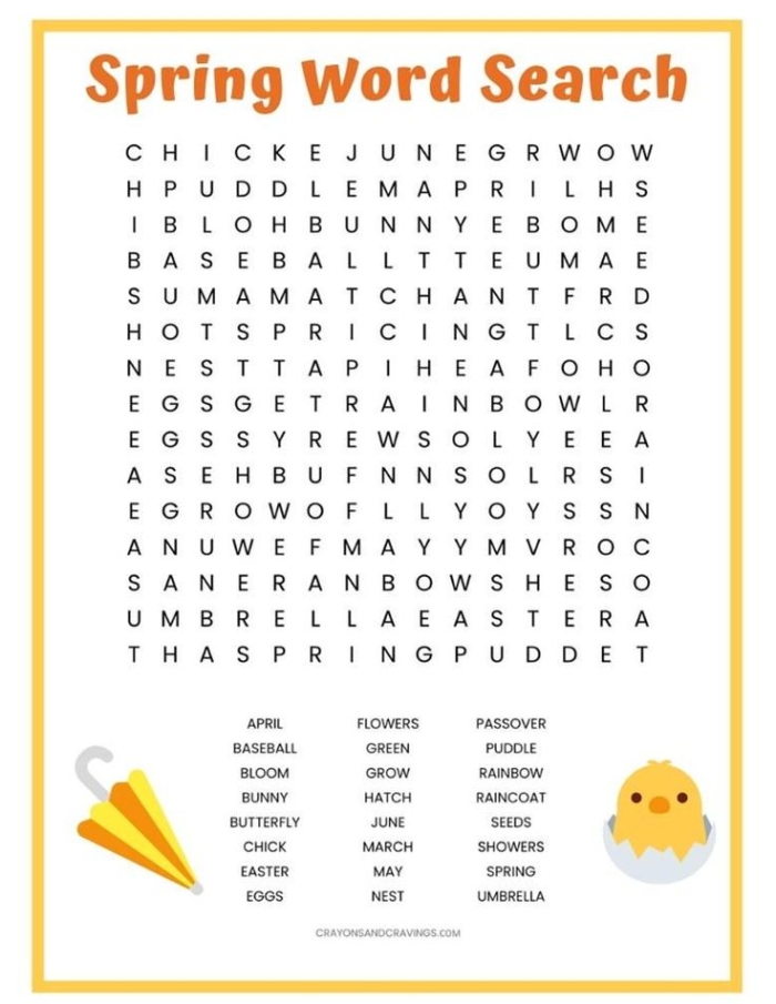 Spring word search worksheet designed for kindergarten vocabulary practice