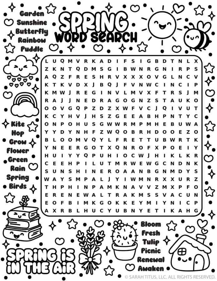 Spring-themed word search worksheet for kindergarten vocabulary practice