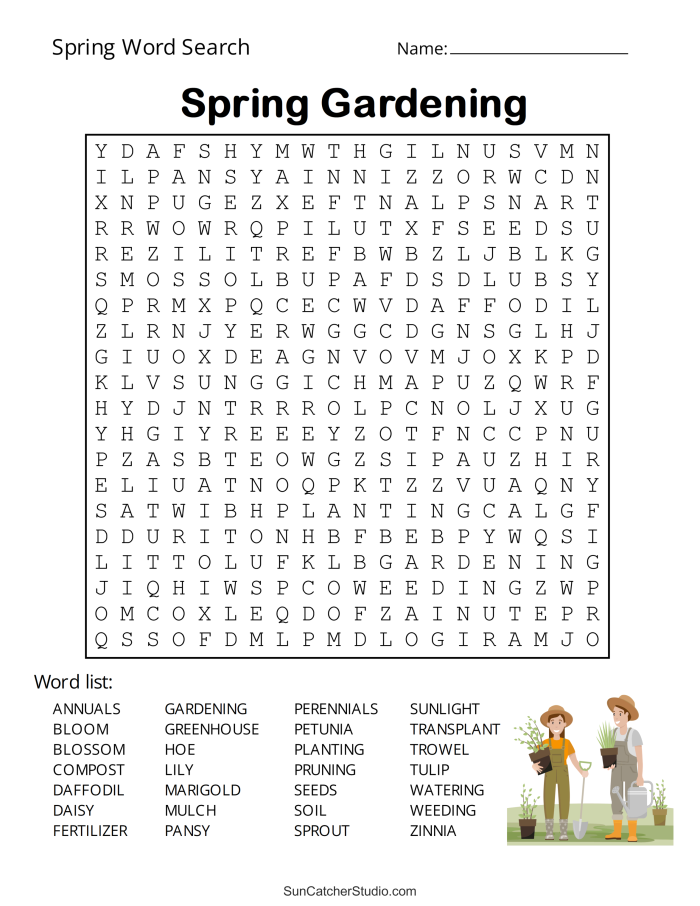 Kindergarten student solving a spring-themed vocabulary word search puzzle on a worksheet