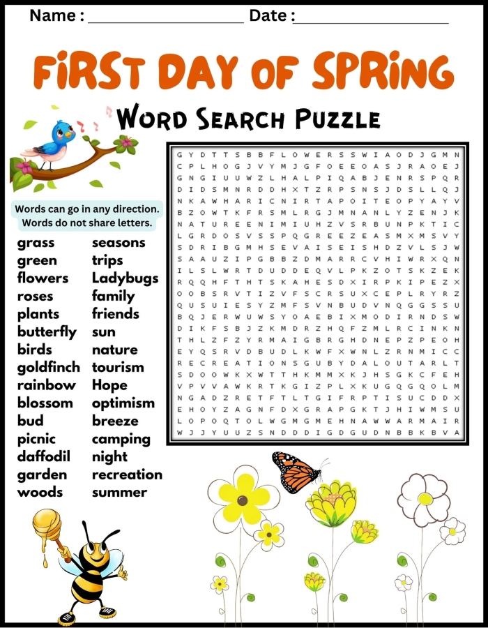 Spring-themed word search worksheet designed for kindergarten students