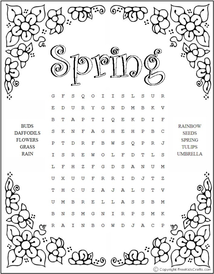 Spring-themed word search worksheet for kindergarten vocabulary practice