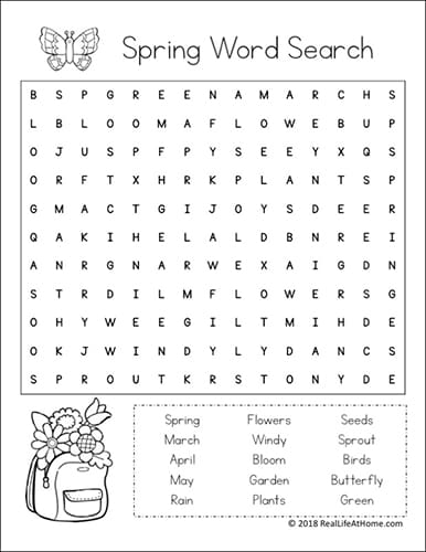 Spring-themed word search worksheet designed for kindergarten vocabulary practice