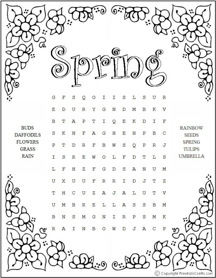 Spring Word Search worksheet designed for kindergarten students to enhance vocabulary and spelling skills. Engaging word search activity for children to enjoy during springtime.