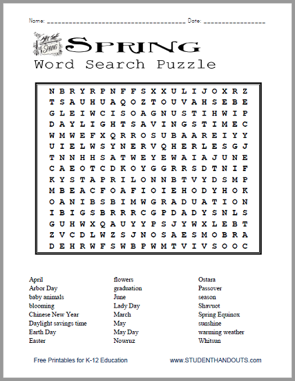 Spring-themed word search worksheet for kindergarten vocabulary practice