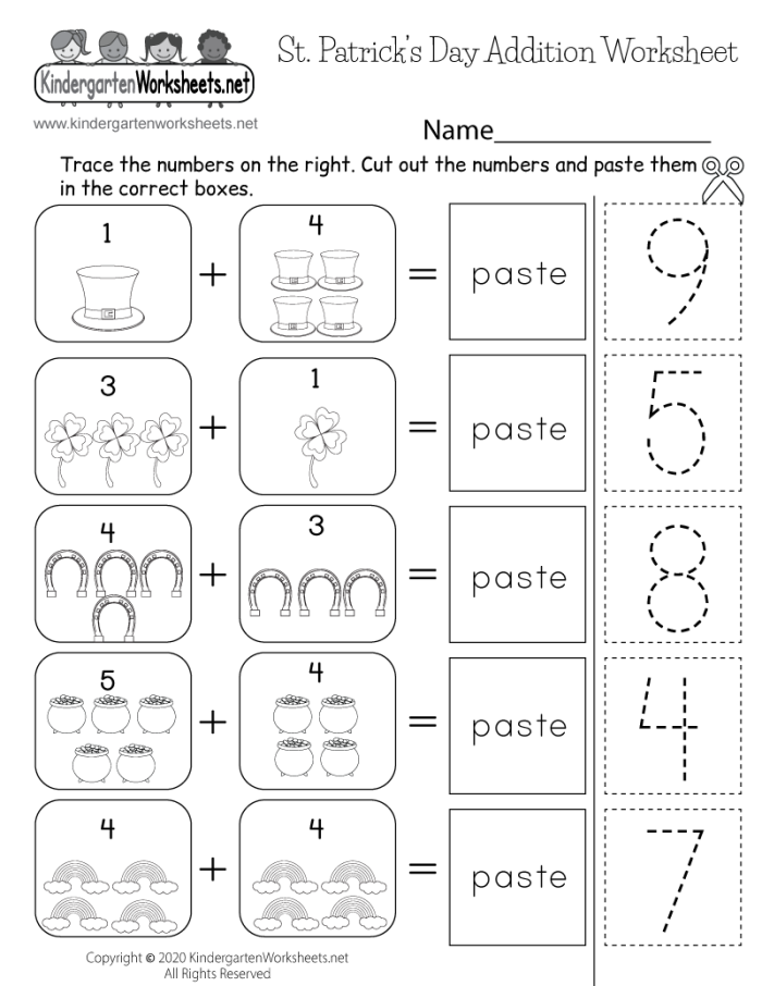 St. Paddy's Addition worksheet for kindergarten math practice Kindergarten student completing a St. Paddy's Addition worksheet with colorful shamrock illustrations