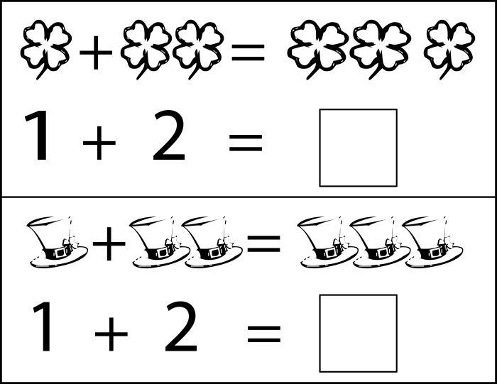 Engaging worksheet for young learners to practice addition skills on St. Patrick's Day Colorful St. Paddy's Day addition worksheet featuring fun picture problems for kindergarteners