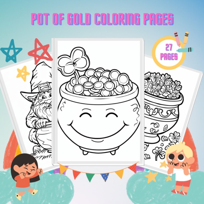 Coloring page featuring a pot of gold at the end of a rainbow for kids to color. Fun St. Patrick's Day worksheet for kindergarten students.