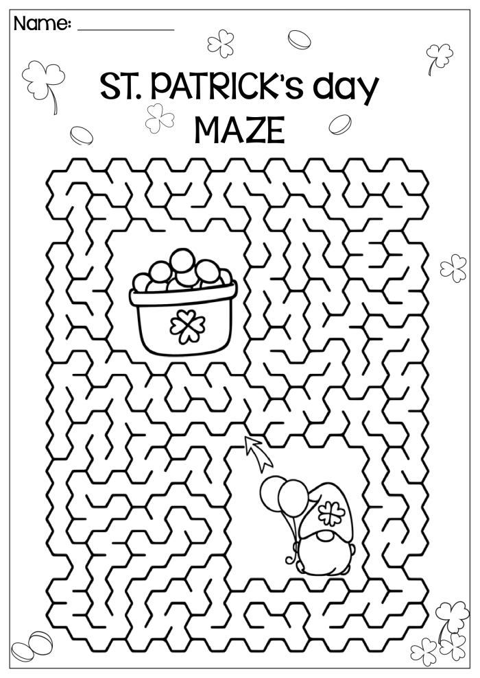 Colorful St. Patrick's Day math worksheet for kindergarteners featuring pots of gold and coins