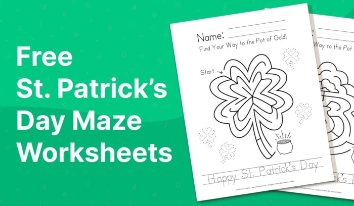 St. Patrick's Day Rainbow Maze worksheet for kindergarteners featuring a colorful maze and rainbow to color