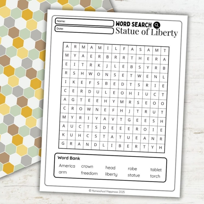 Kindergarten student coloring and cutting out a paper Statue of Liberty crown for Independence Day