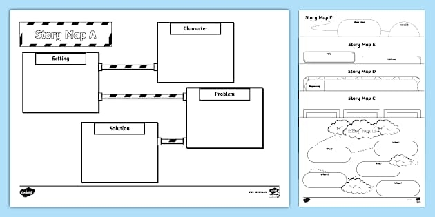 Kindergarten geography worksheet featuring a blank story map template for students to draw and write about their reading