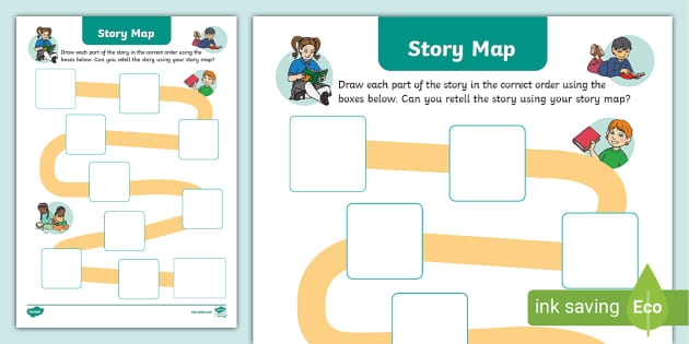 Kindergarten geography worksheet featuring a blank story map template for students to draw and write about their favorite books